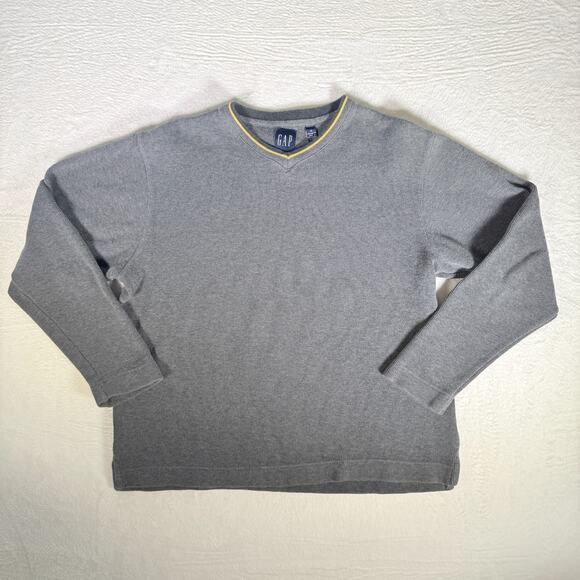 Gap Mens Sweater Gray & Yellow Knit V-Neck Pullover 90s Casual V Neck Size Small - Picture 1 of 6